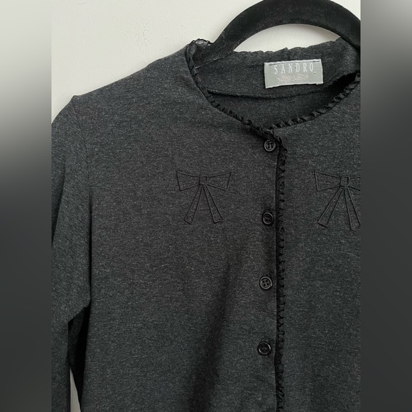Sandro Women Vintage Unique Dark Gray Button-Up Bow Coquette Cardigan S Small - Picture 2 of 9